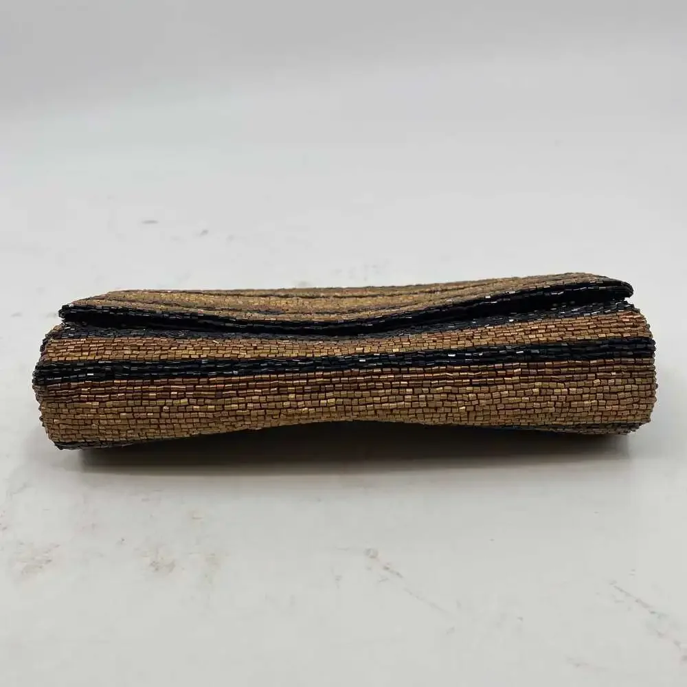 Moyna Brown Silk Beaded Striped Clutch | OS Regular